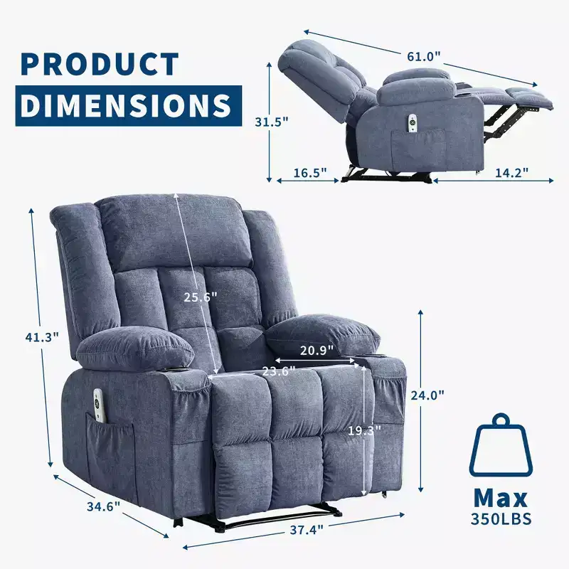 Manual Recliner Chair with Heat Massage - Overstuffed Single Sofa Lounge Chair with Remote Control 3 Recline Positions