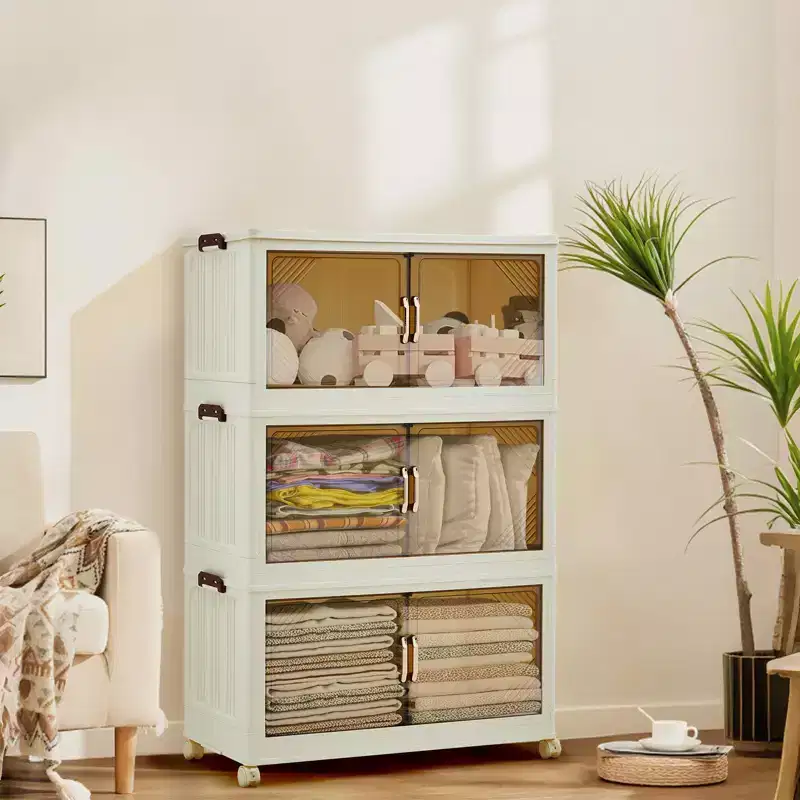Multi-Tier Stackable Storage Cabinet with Doors & Wheels for Home Organization