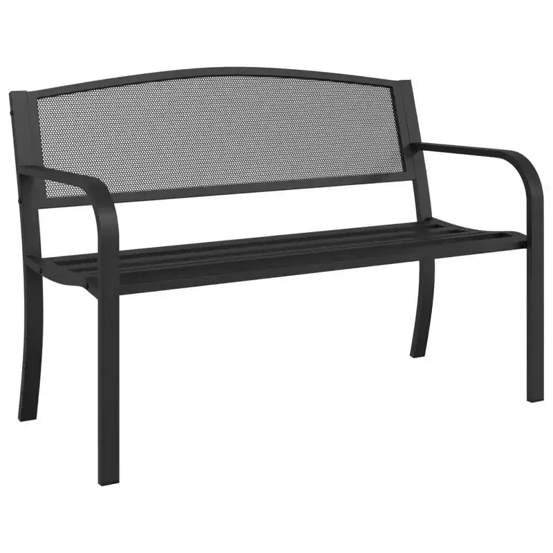 vidaXL Black Steel Outdoor Garden Bench - Comfortable Patio Seating with Armrests, Backrest & Powder-Coated Finish, Ideal for Backyard/Patio