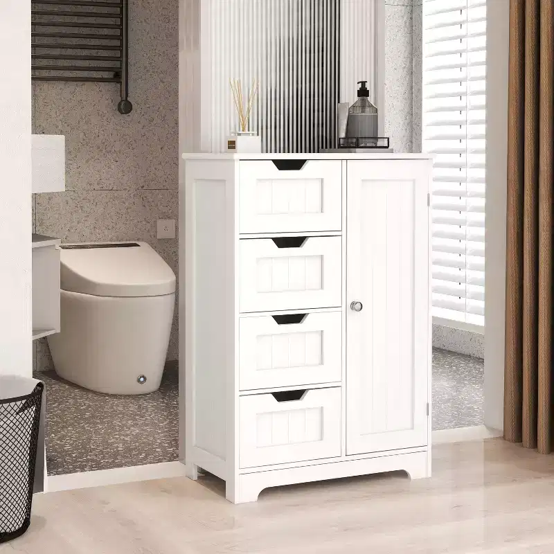 AndMakers 22.5 in. W. x 11.81 in. D x 32.68 in. H White Wood Linen Cabinet with 4 Drawers and 1 Door