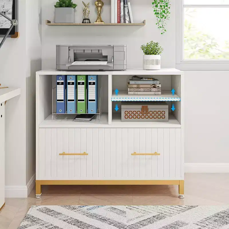 Lateral File Cabinet with Drawer, White and Gold, Printer Stand for Home Office