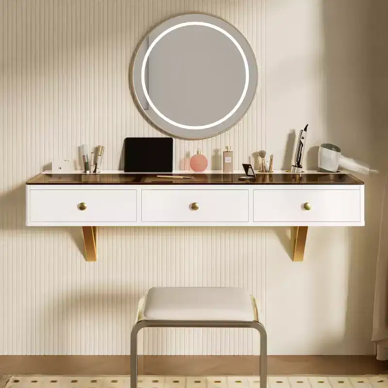 47-inch Floating Shelf with Drawer, Multi-Functional Wall-Mounted Dressing Table, Wall-Mounted Desk, Suitable for Bedrooms, Light Beige