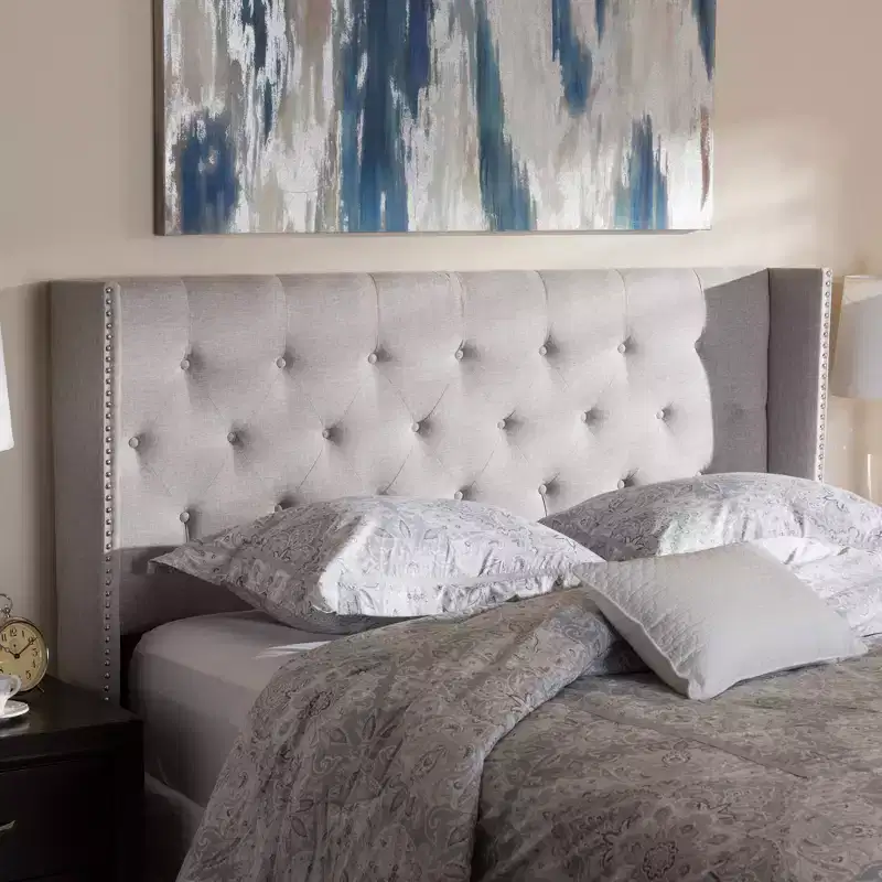 Ally Modern and Contemporary Fabric Button Tufted Nail Head Winged Headboard King Light Beige Gray: Polyester Upholstery