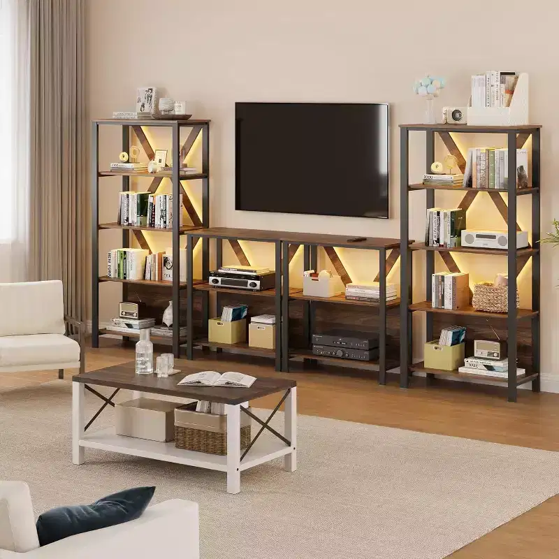 GustoWave Book Shelf - Bookcase with Open Display Shelves Wood and Metal Standing Bookshelf with Storage Rack