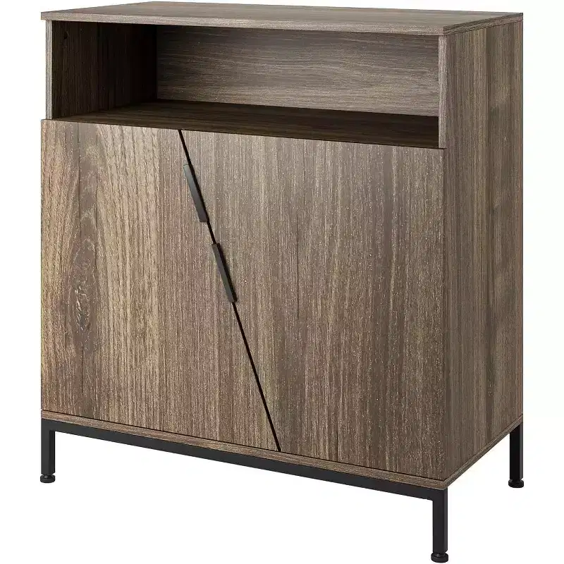 Storage Cabinet with Doors and Shelves, Metal Frame Oblique Door Sideboard for Living Room, Bedroom, Enterway, Hallway, Brown