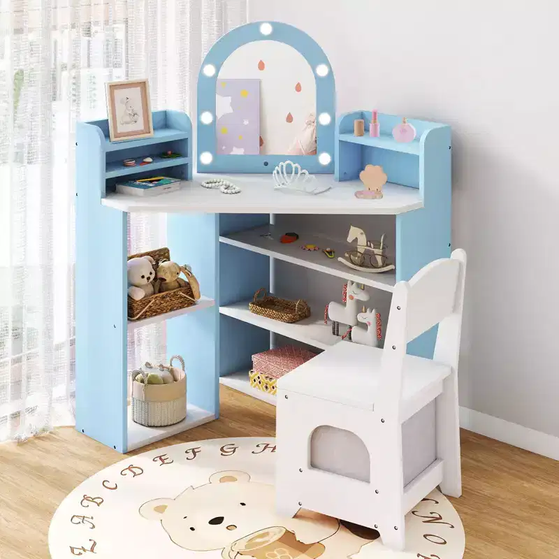Corner Kids Vanity with Lights, 3 Storage Shelves, 5 Open Compartments, Accessories Pink/Blue + White