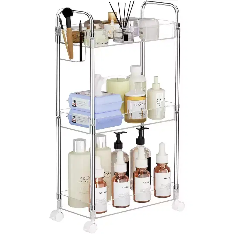 3-Tier Acrylic Rolling Storage Cart with Wheels, Extendable Shelves, Hooks & Cup Holder