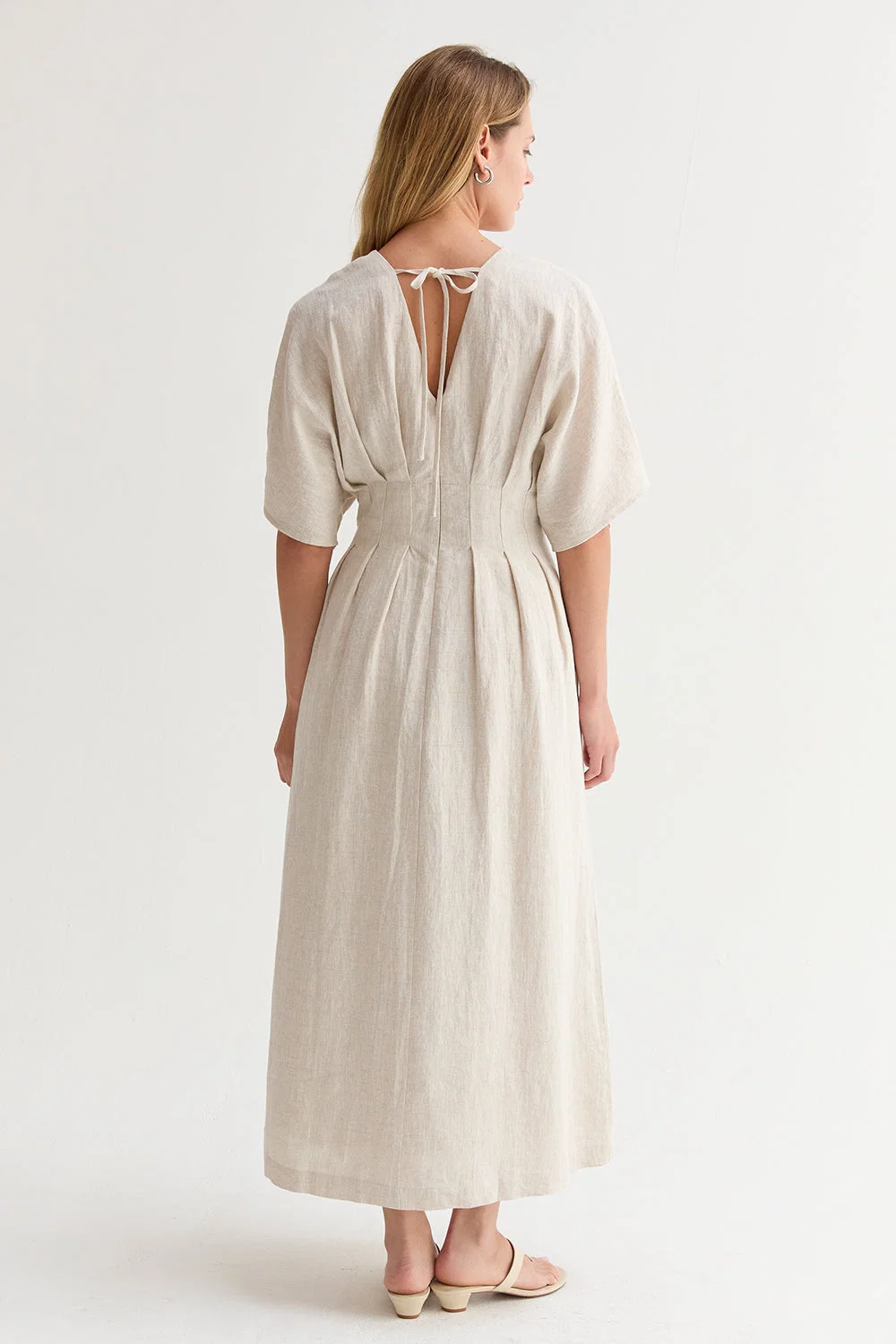 Pleated Linen V-Neck Midi Dress with Dolman Sleeves
