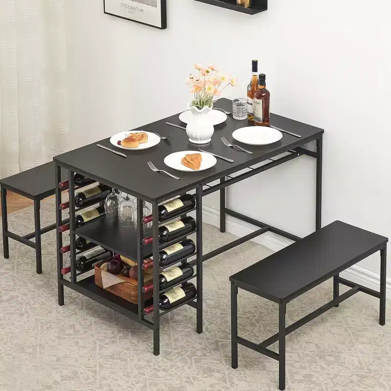 Dining Table Set for 4, Kitchen Table with 2 Benches, Wine Rack and Storage Shelf, Rectangular Dining Room Table Set, 3 Piece Dining Table Set