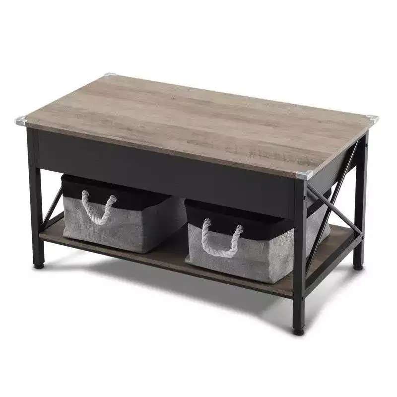 Adjustable with Crossbar, Black Side X-shaped Metal Frame, Rectangular, Gray Washboard Coffee Table
