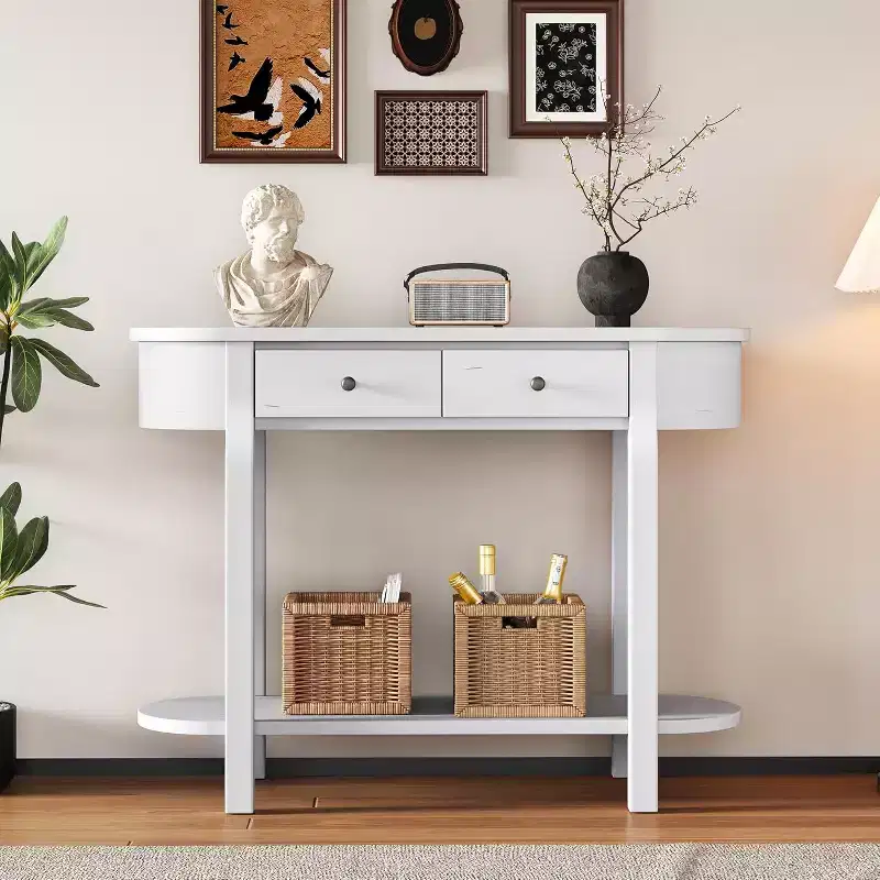 Curved Console Table 40-Inch Retro Farmhouse Wood Entry Sofa Table with Storage Shelf & Drawer for Living Room Hallway, Antique White
