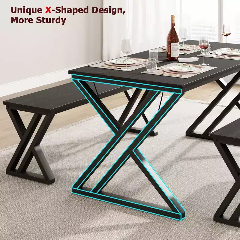 Dining Table Set for 4-6, 55 Large Kitchen Table Set with 2 Benches, Black