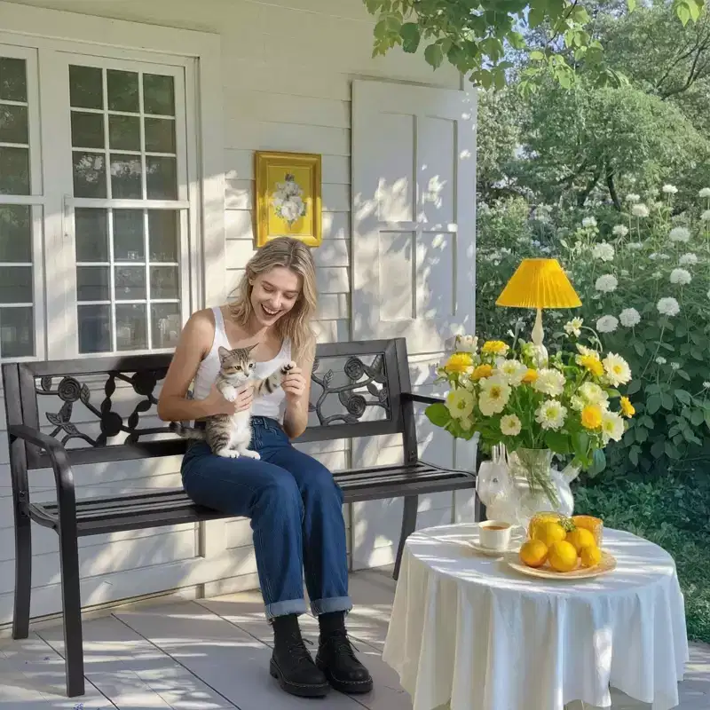 Karl Home | 50-Inch Black Metal Bench with PVC Rose Backrest