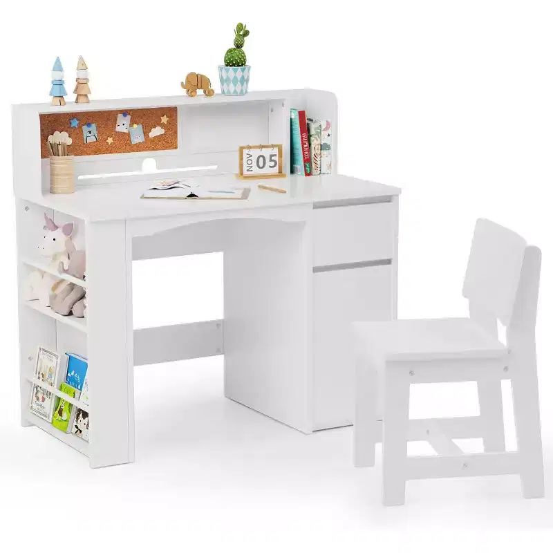 JOYMOR Kids Desk and Chair Sets with Bookshelf, Kids Study Desk with Storage Cabinet, Student Computer Table for 5-12 Years Old