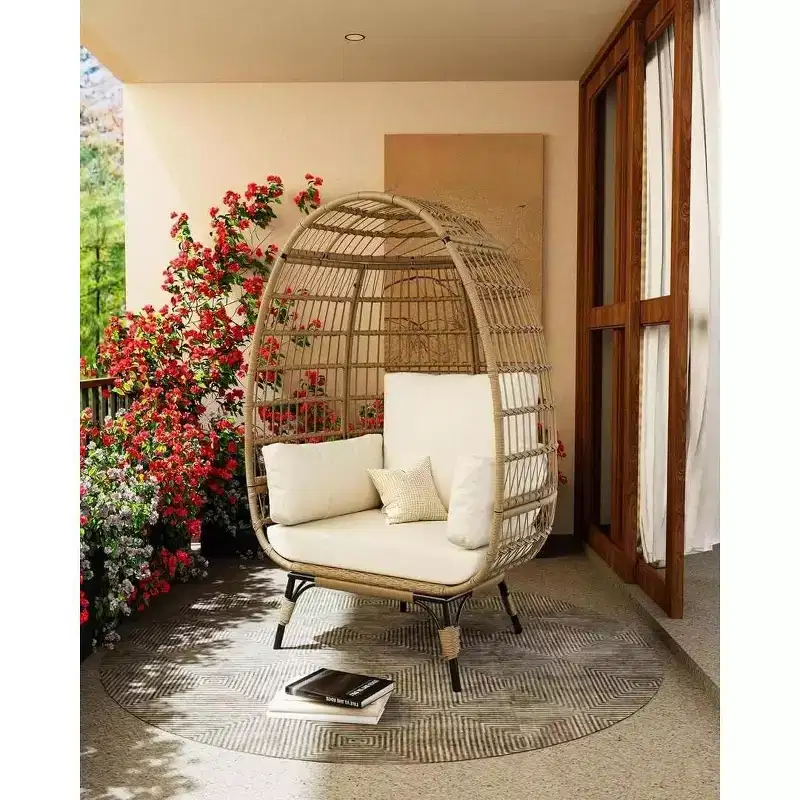 Oversize Rattan Egg Chair Outdoor Wicker Patio Lounge Chairs with Steel Frame Stand and 4 Cushions for Patio, Porch, Backyard, living rooms