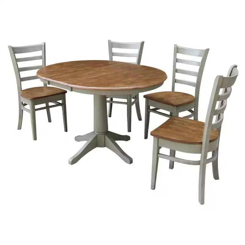 36" 4pc Lisa Round Extendable Dining Table with Emily Chairs Hickory Brown - International Concepts: Solid Wood, Mid-Century Modern, Pedestal Base