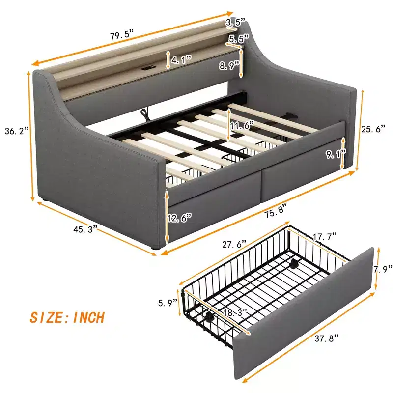 Bellemave Twin Size Daybed with Trundle and Drawers,Daybeds with Charging Station and LED Lights,Upholstered Day Beds for Kids,Teens and Adults,Gray