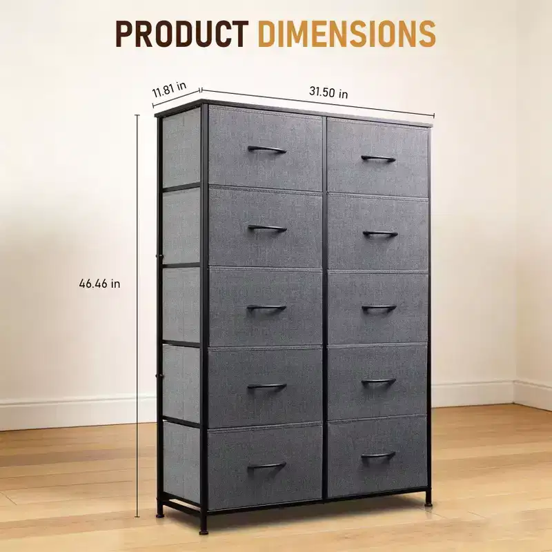 Optimal organization  Tall 10-drawer metal and fabric chest of drawers  Modern industrial style  For bedroom, dressing room, living room