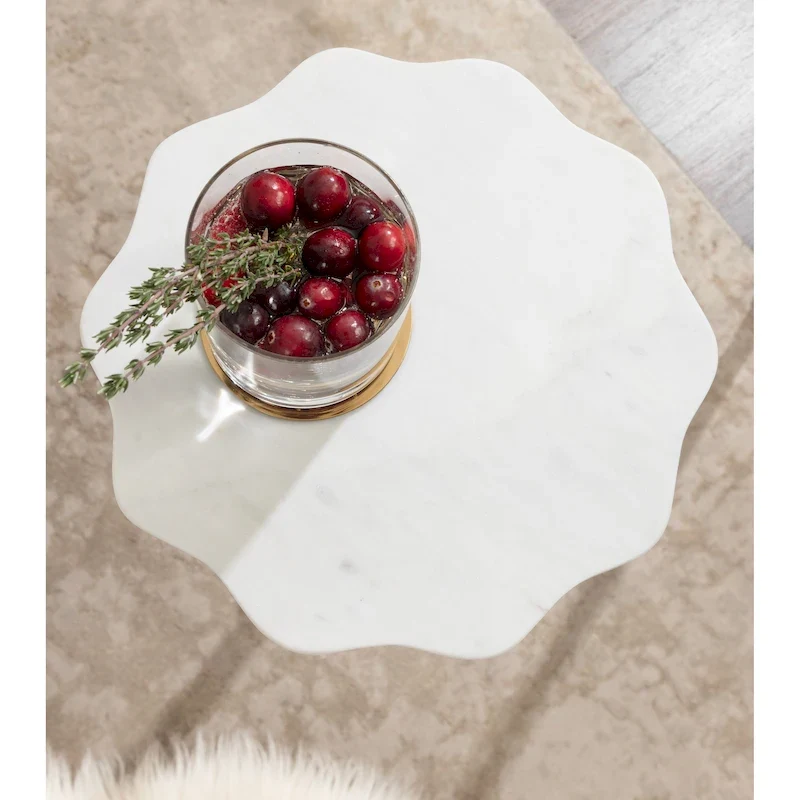 Scalloped Marble & Metal Drink Side Table, Modern Glam Accent Table