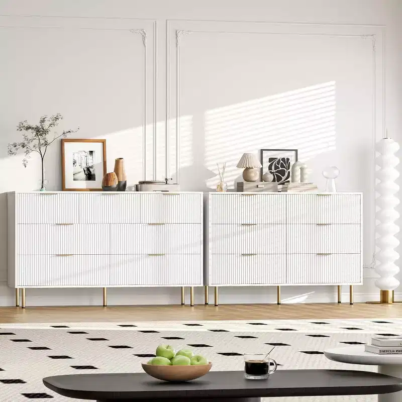 COZONY 7 Drawer Dresser 55 Inch Wide, Fluted Wood Double Dresser Metal Handles for Bedroom Living Room Hallway