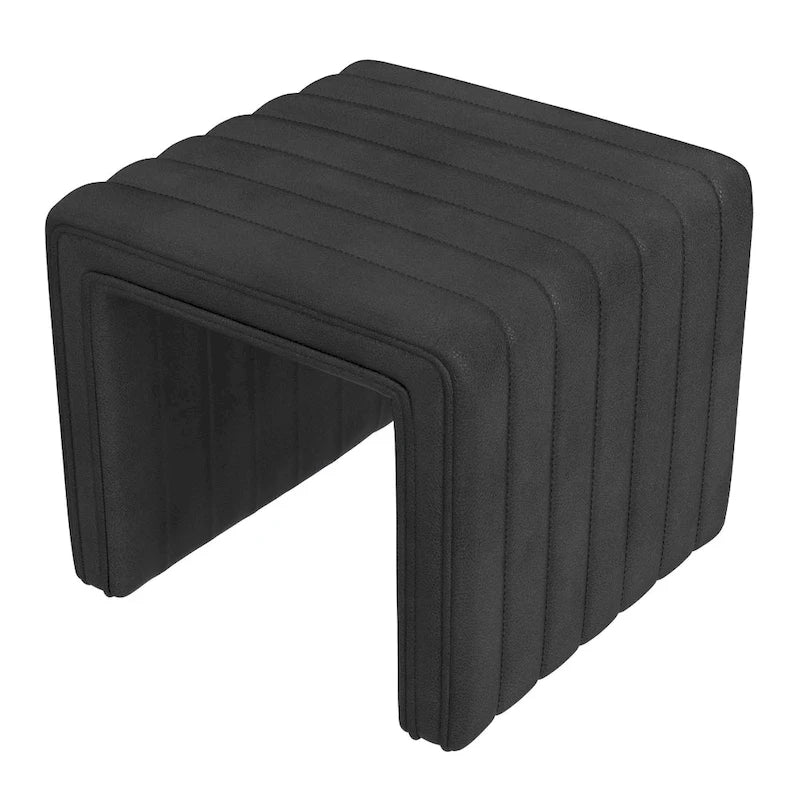 Black Faux Leather Square Ottoman, Channel Tufted, 1-Person, 19 Inch