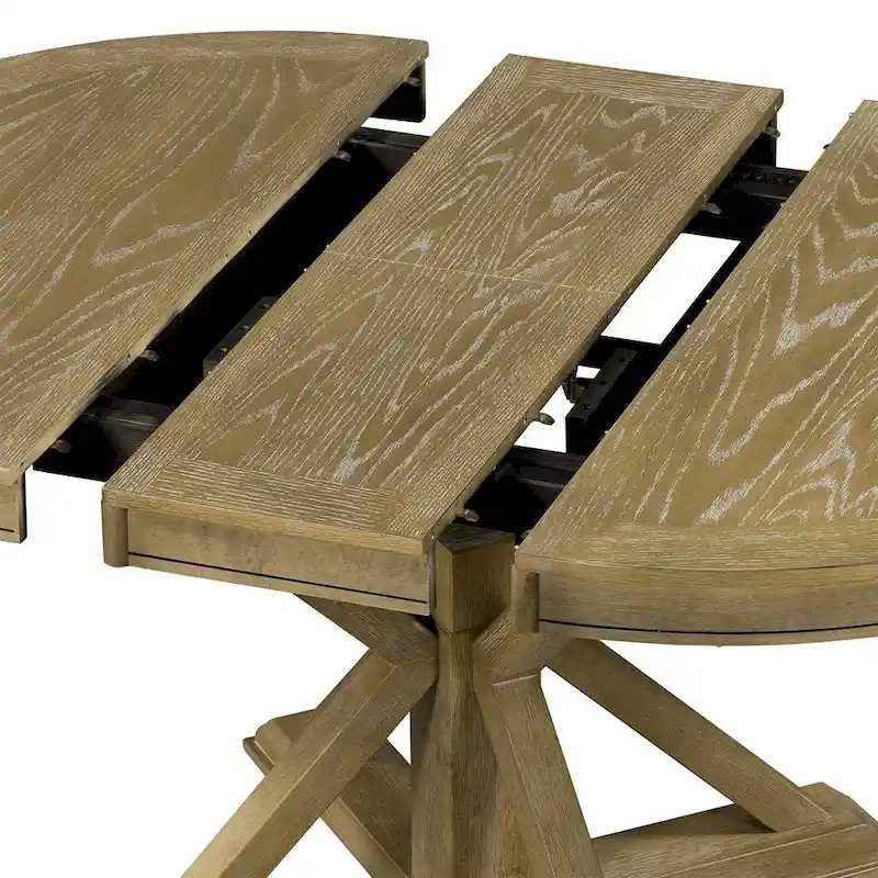 Wooden Round Drop Leaf Extendable Dining Table Set with 4 Upholstered Chairs