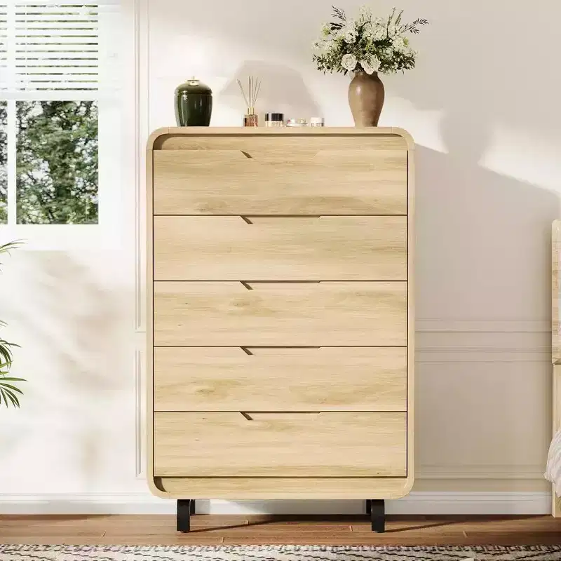 Modern Wood Dresser with Metal Legs: Natural Wood Chest of Drawers featuring Rounded Corners & Anti-Tip Kit for Bedroom Safety.