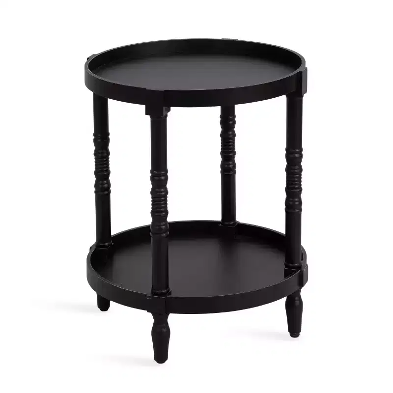 Round Wood Side Table with Shelf - Farmhouse Style