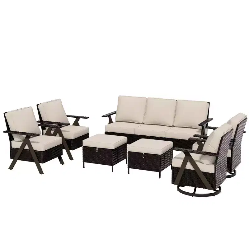 UPTIOT Outdoor 7-Piece Seating Set: 3-Seater Sofa, 2 Swivel Rockers, 2 Single Chairs & 2 Ottomans for Patio Comfort