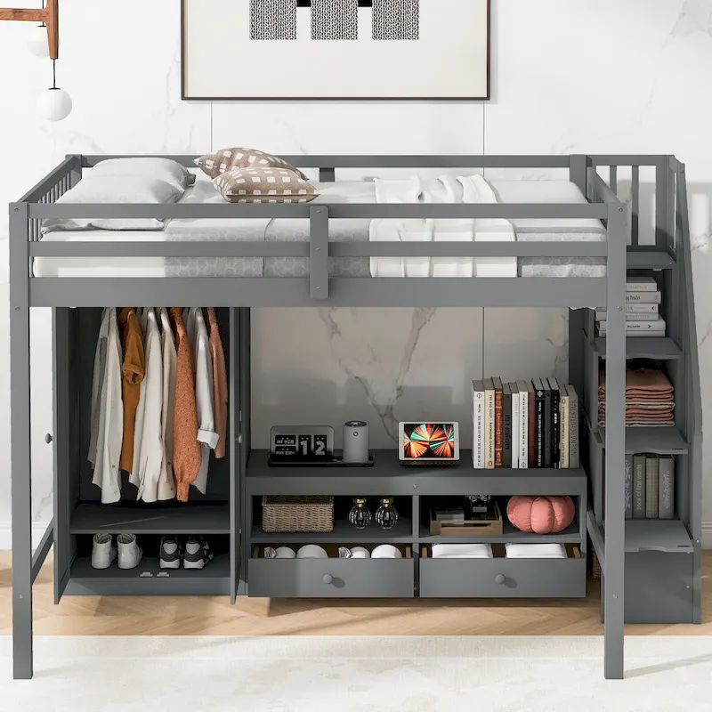 Full Size Loft Bed Frame with Wardrobe,Low Storage Table and Storage Staircase