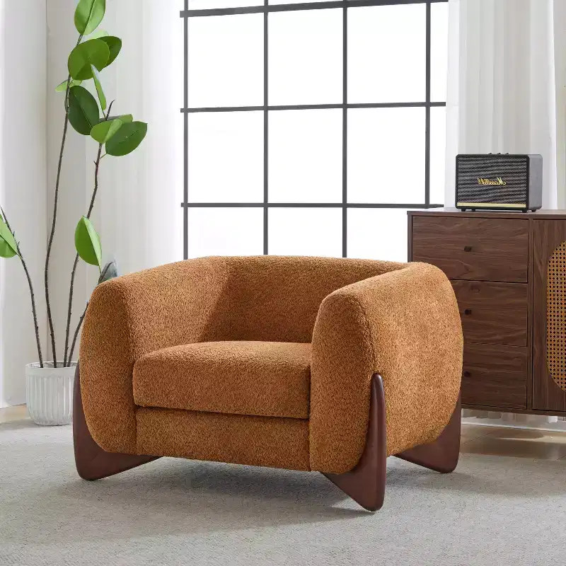 Birch Wood Boucle Upholstered Club Chair