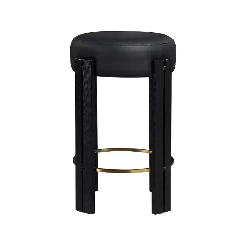 Black Vegan Leather Counter Stool, Brushed Brass Footrest, Backless, Contemporary Design