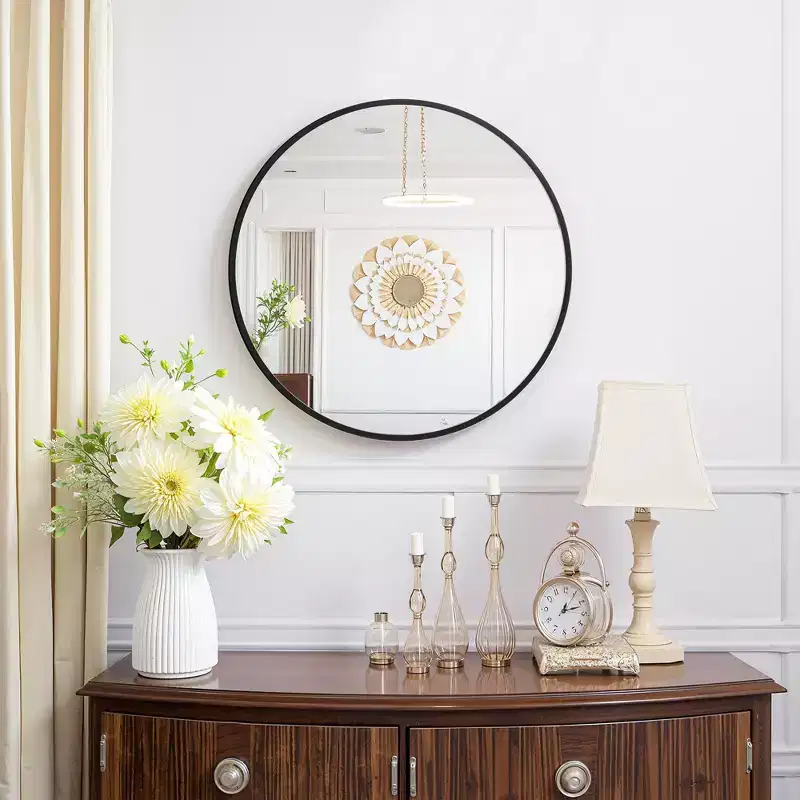 23.6 inch Black Aluminum Round Wall Mirror with Slim Frame Wall-mounted Bathroom Mirror