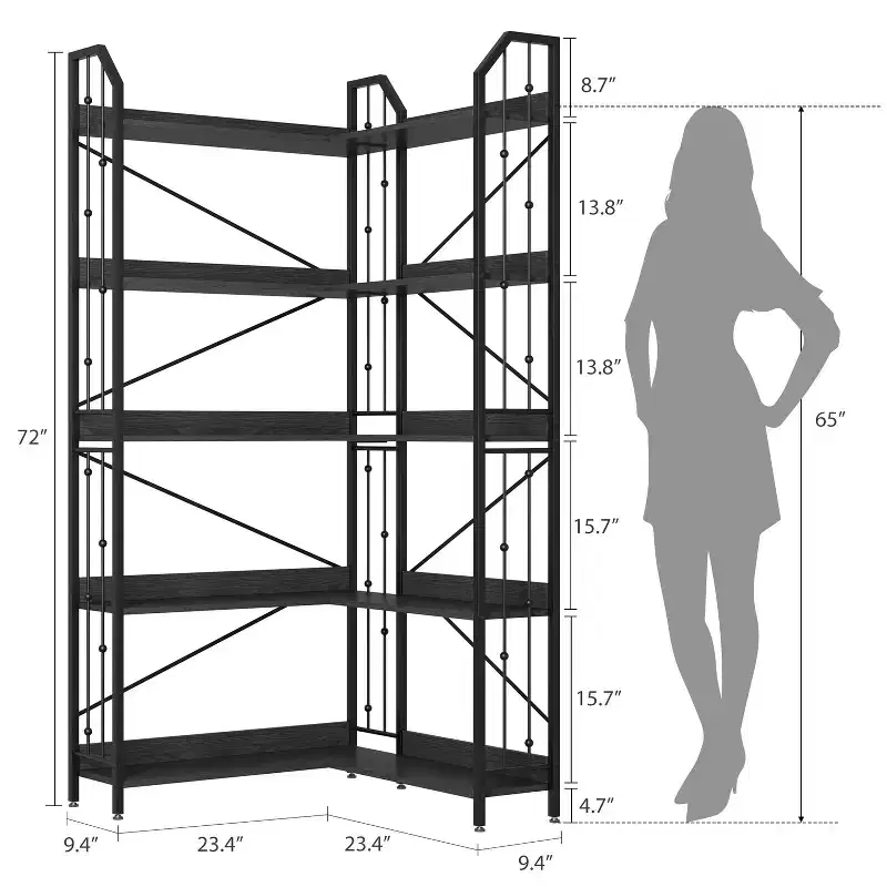 GustoWave 5-Tier Corner Bookshelf 72 Tall L-Shaped Bookcase Storage Shelf with Metal Frame