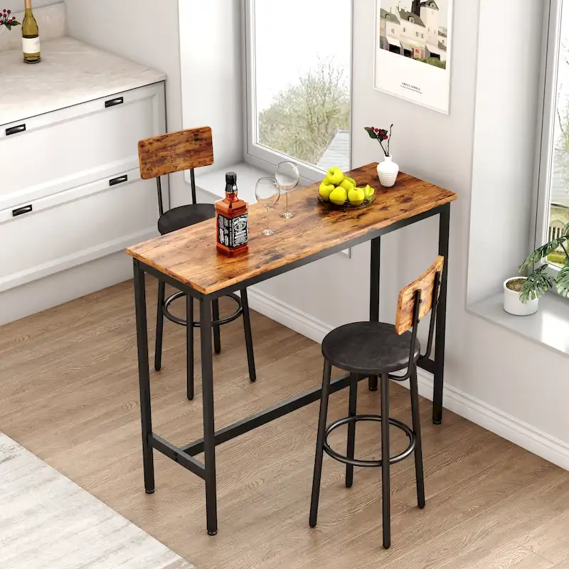 3-Piece Bistro Set, Dining Table and Upholstered Stools w/ Backrest