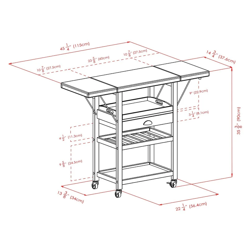 Barton Utility Kitchen Cart, Drop Leaf, Bamboo - 45.28 x 15.16 x 35.43 inches