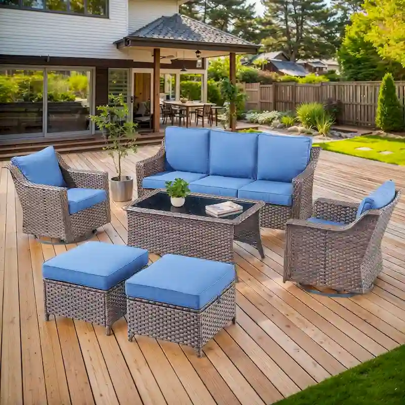 5 Piece Patio Glider Chair with Sofa Ottomans and Table - Brown