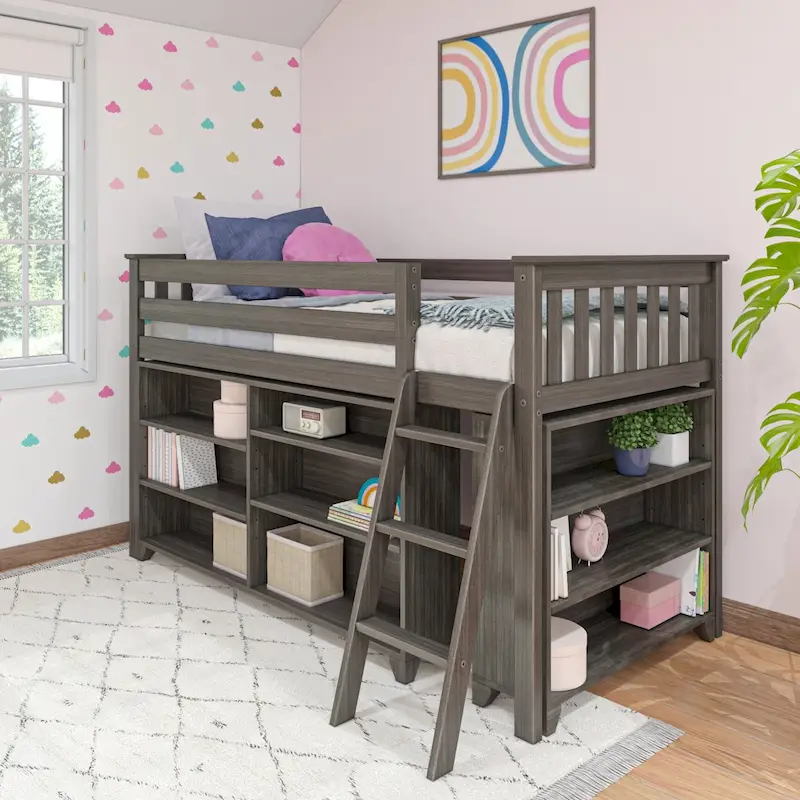 Twin Low Loft Bed with 3-Shelf & 6-Shelf Bookcase, Solid Pine Wood, Kids Bedroom