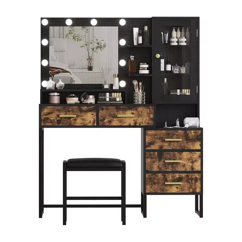 53.5Large Vanity Desk with Bench,Makeup Vanity with Mirror & Lights&Led Bulbs,Makeup Table with 5 Drawers, Vanity Table with Charging Station