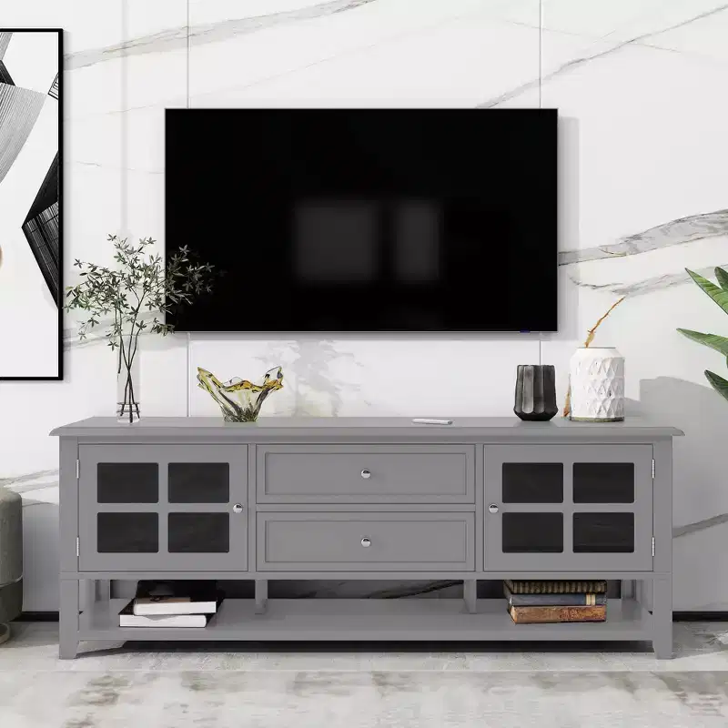 59-Inch Gray TV Stand with Storage Cabinets for TVs up to 60 Inches