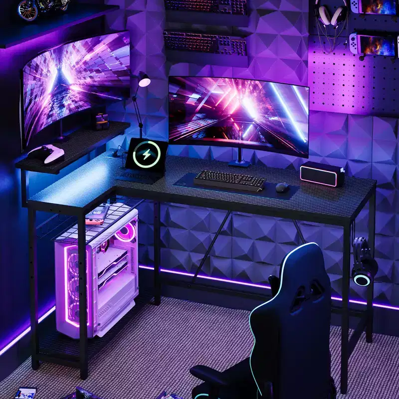 Bestier 52 Gaming Desk with LED Lights L Shaped Desk with Power Outlet & Monitor Stand Corner Computer Desk