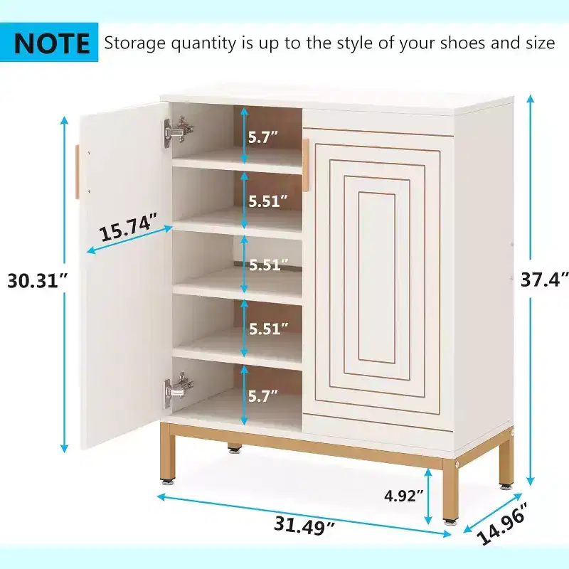 Shoe Cabinet for 20 Pairs, 6-Tier Modern Storage Cabinet with Doors, Freestanding Entryway Organizer, White & Gold