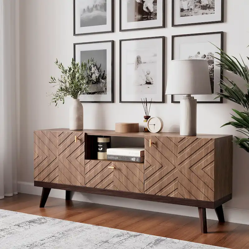Mid-Century Modern TV Stand Console with Drawer, Beige, Fits TVs up to 65 in, Wood Legs