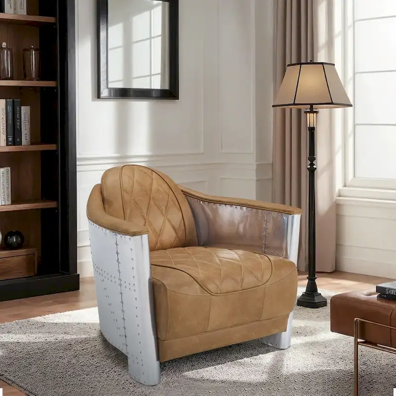 Industrial Top-Grain Leather Accent Chair with Aluminum Frame & Steel Grommets, 300 lb Capacity