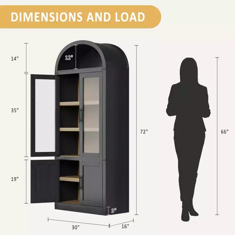72 Modern Arched Storage Cabinet  6-Tier Bookcase with 2 Glass & 2 Wooden Doors for Living Room/Kitchen/Office