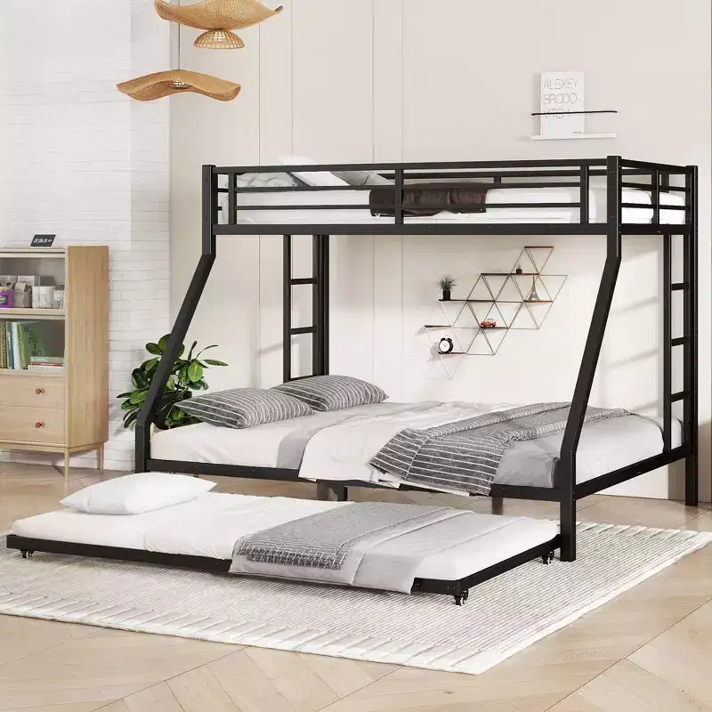 Twin XL Over Queen Metal Bunk Bed with Trundle, Heavy Duty Triple Bed Frame, Ladders & Guardrails, Noise-Free, Black