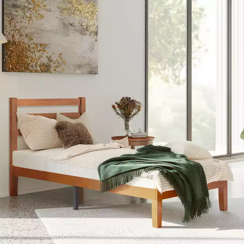 Okak Natural Solid Wood Platform Bed Frame with Wooden Strips Headboard,Primary Bedroom Bed,No Spring Box Needed