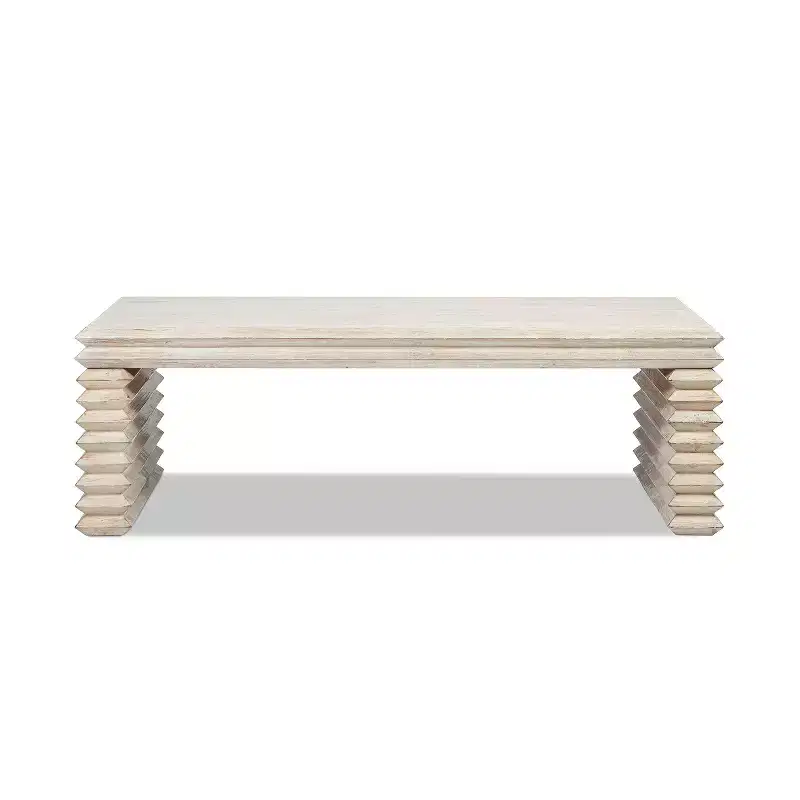 Jennifer Taylor Home Veda 55 Reclaimed Wood Stacked Geometric Waterfall Coffee Table, Whitewashed Natural Reclaimed Pine Wood
