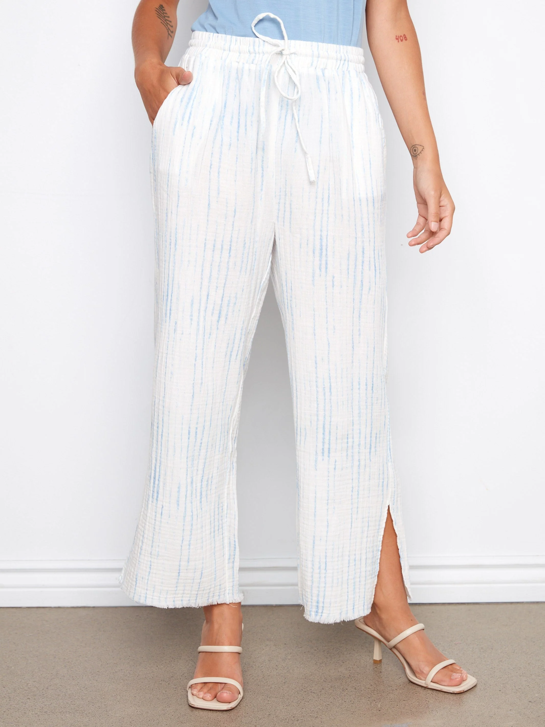 Bubble Cotton Printed Drawstring Pants - Stripes