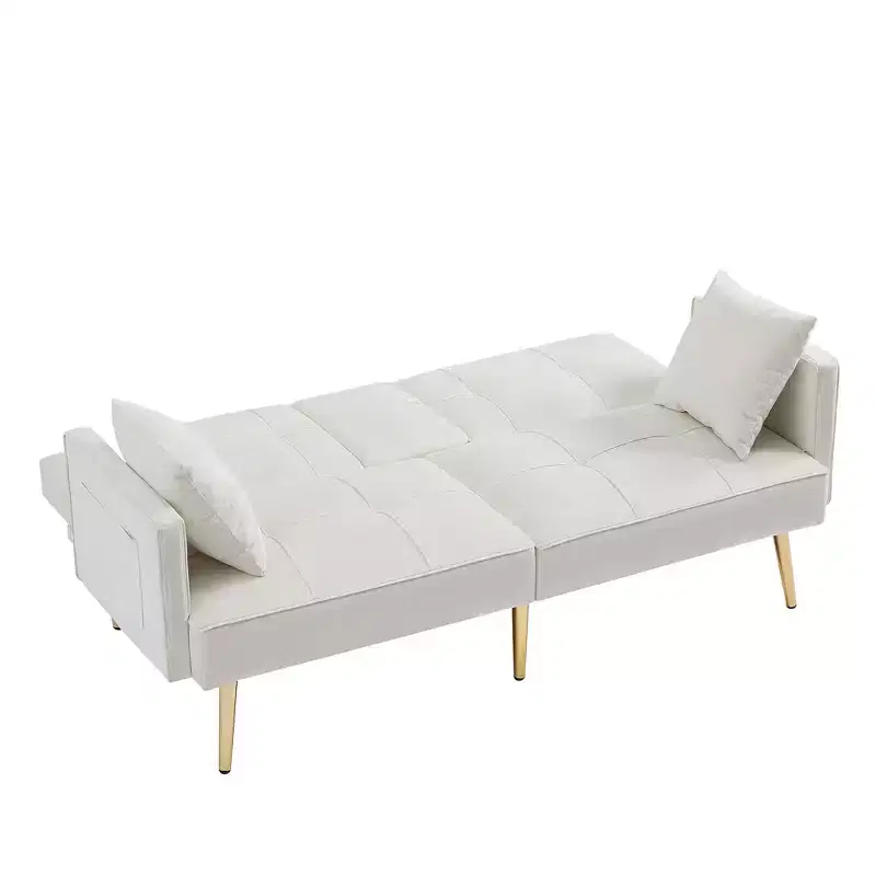 TUYOHW 69.2 Inch Velvet Futon Sofa Bed with 2 Hidden Cup Holders and 2 Pillows for Living Room,Office,Apartment,White